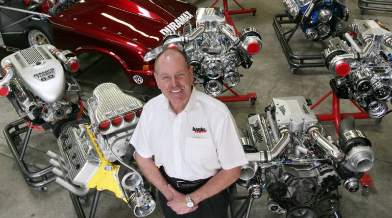Gale Banks with engines in the race shop