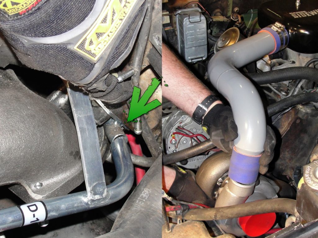 The turbo is then temporarily mounted to the exhaust manifold and the center bearing assembly is rotated so that the drain tube aligns with the spacer plate tube on the lift pump. Lightly snug one of the six bolts on the turbo to secure the position of the turbine housing. The boost tube is then temporarily installed between the air chamber and plenum. The turbo compressor housing is rotated to align with the boost tube and a bolt tightened to secure its position as well. The boost tube and turbo are then removed and all twelve bolts are tightened and pre-installed locking tabs are folded into place to secure the bolts.
