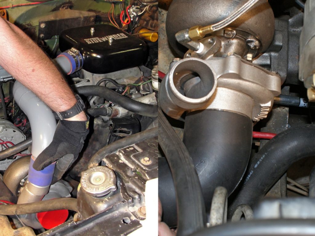The turbo can now be installed. Use a piece of blue silicone hose and hose clamps to attach the turbo drain tube to the lift pump spacer plate and tube. The turbo is secured to the exhaust manifold using stainless collet locknuts. After the turbo has been installed, the boost tube can be re-installed.