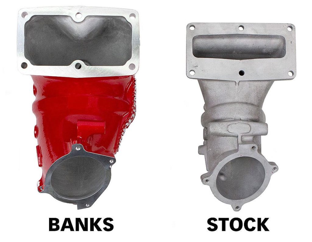 Comparison photo of Banks to Stock Comparing Banks Monster-Ram Intake Elbow to Stock