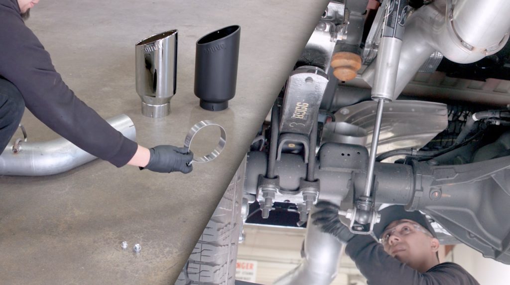 Install the rear tail pipe portion over the axle with a 5 inch clamp.