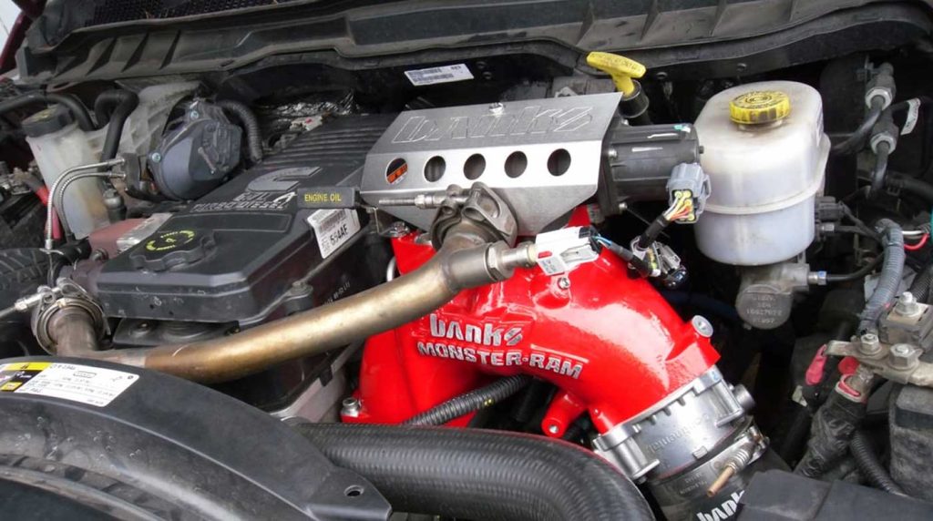 The preventative measures aka the Banks Monster-Ram inside the engine compartment