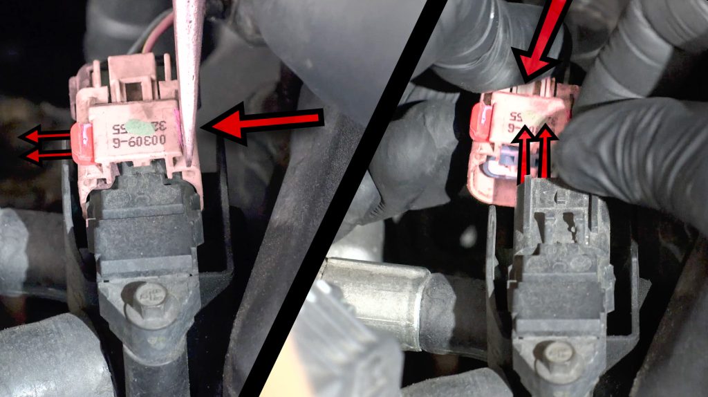 Slide pink clip and depress the rear of the 3rd plug.