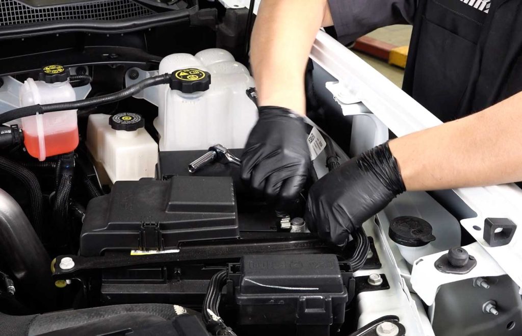 As a precaution, disconnect the ground of the battery (if there is more than one battery, disconnect both.)