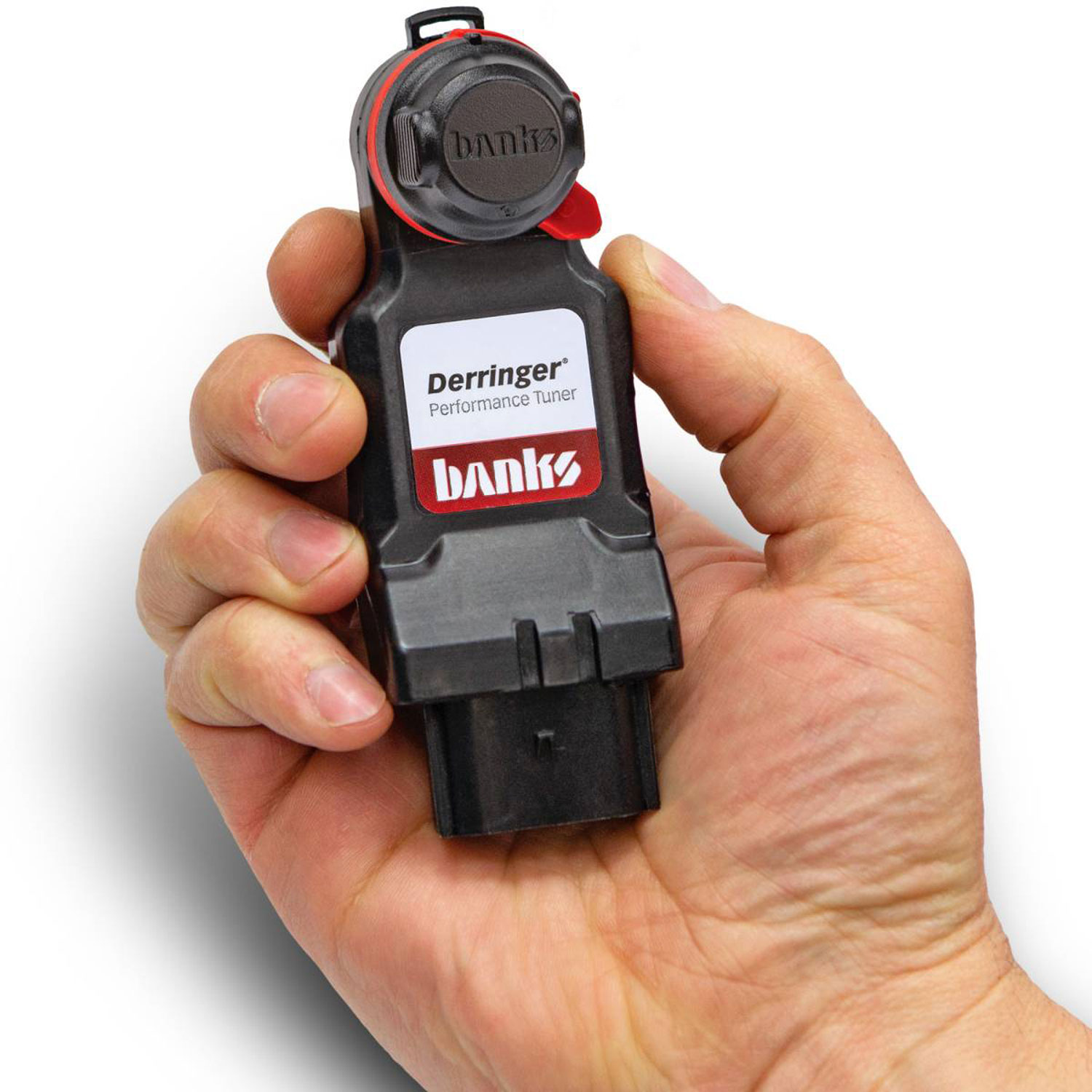 Banks Derringer tuner module held in right hand.