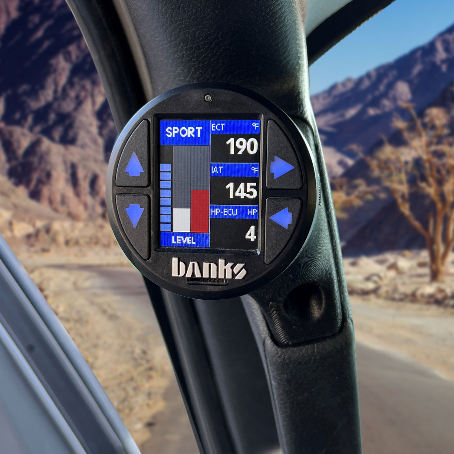 Banks iDash mounted in an iDash Stealth Pod in a 2022 Jeep Wrangler