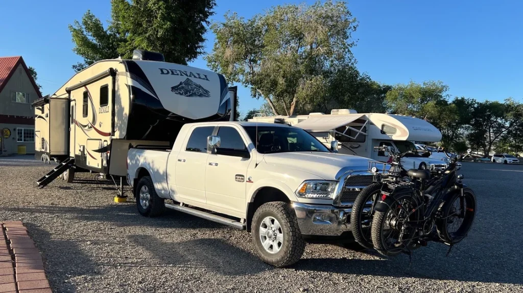 RAM truck with 34-foot trailer towing uphill