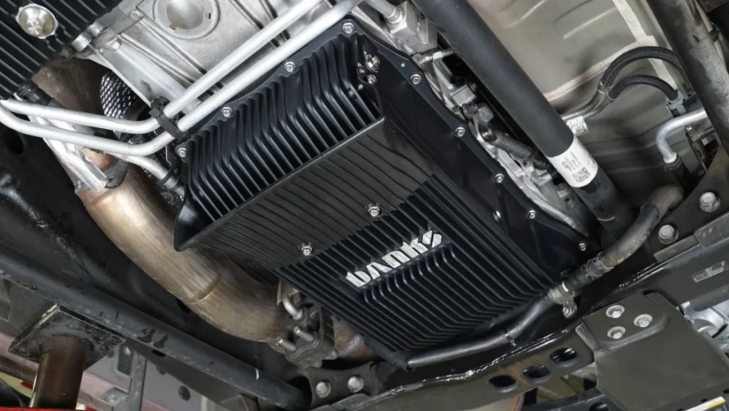 A truck with the Banks Ram-Air Transmission Pan installed.