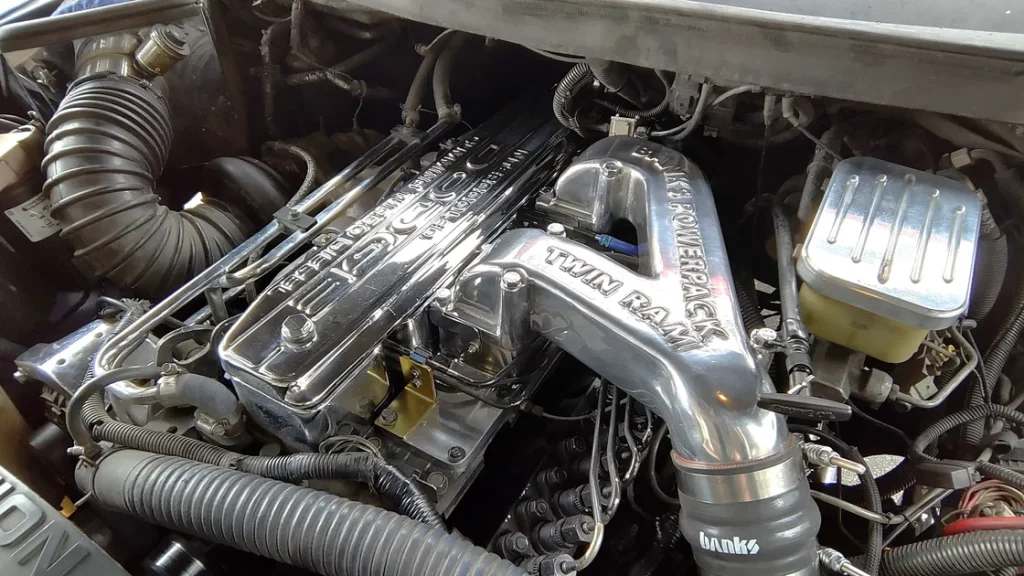 The Banks Twin-Ram Intake Manifold installed on the Cummins engine.