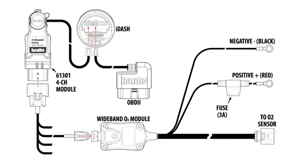 A detailed view of the Wideband O2 sensor connected to the module.