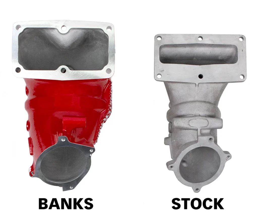 Side-by-side comparison of the Banks Monster-Ram intake manifold and the Black Market Diesel intake.