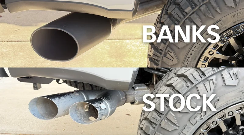 Banks_Vs_Stock_16x9_v3.jpg Banks Monster Exhaust compared with the factory exhaust tip on a Ford F-350
